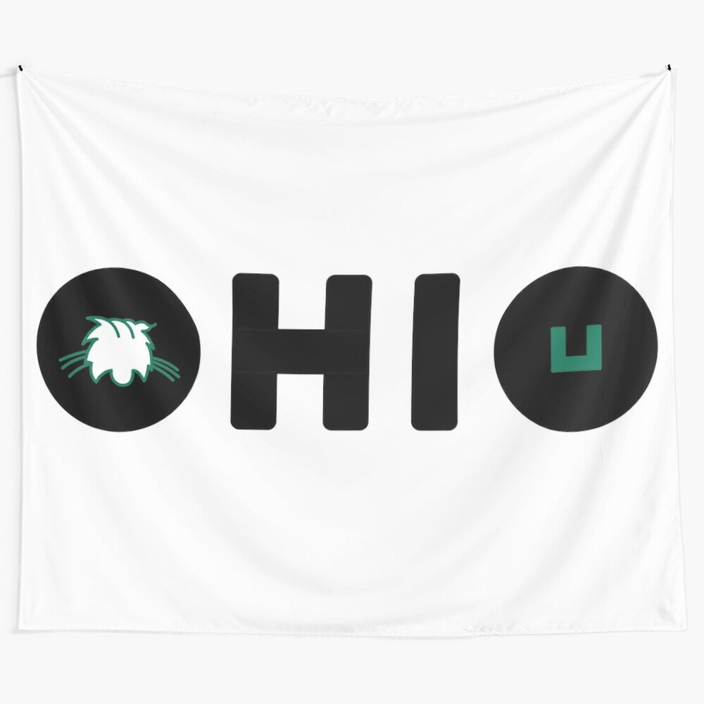 Ohio University-themed tapestry with Bobcats and Ohio imagery