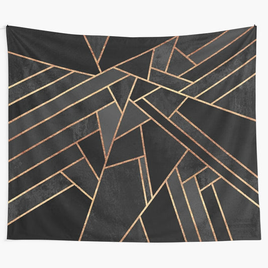 Black and copper geometric tapestry with abstract patterns