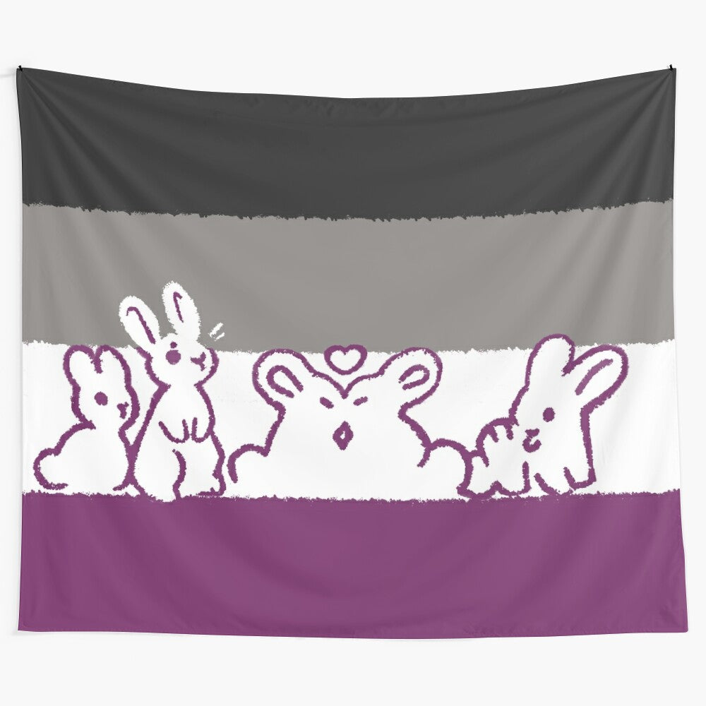 Colorful tapestry featuring bunnies and the asexual pride flag