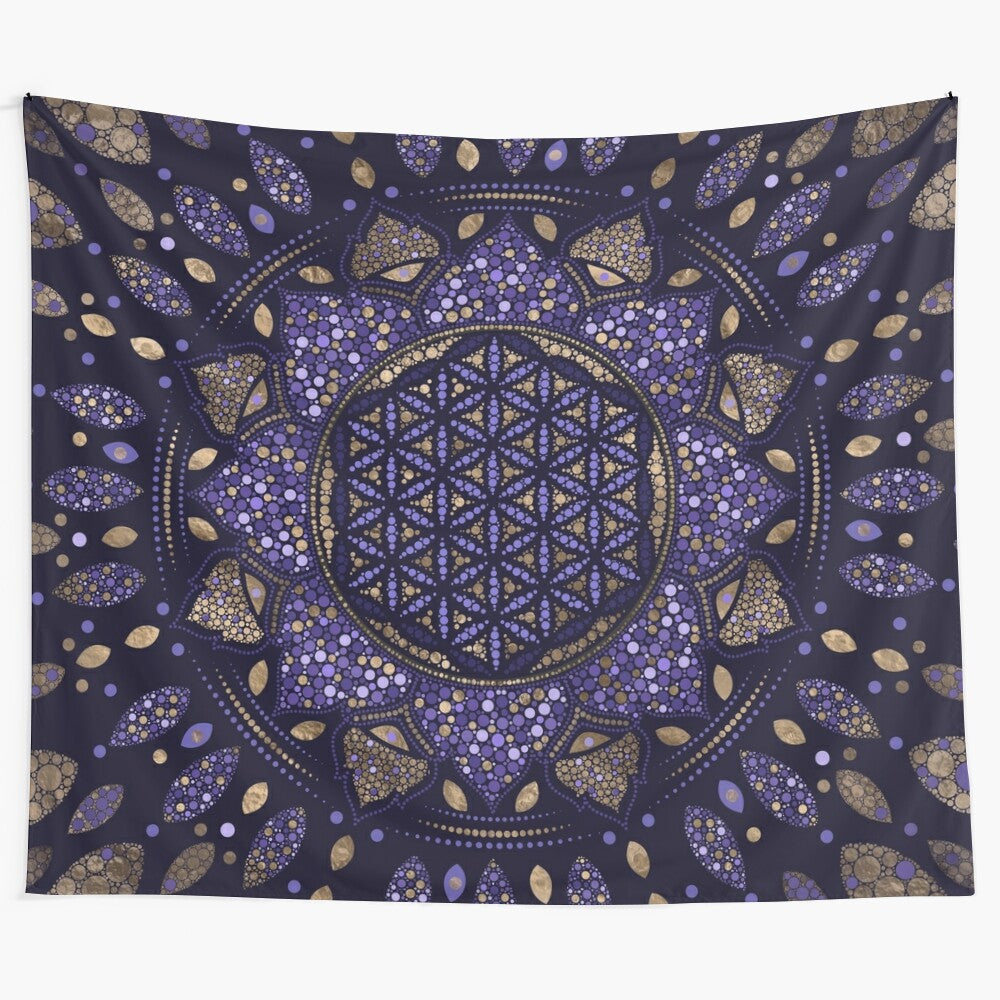 Colorful Flower of Life dot art tapestry featuring a lotus design in purples and gold