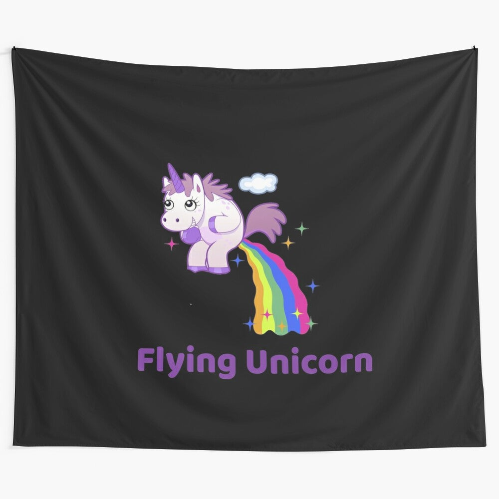 Funny flying unicorn pooping a vibrant rainbow on a tapestry wall hanging