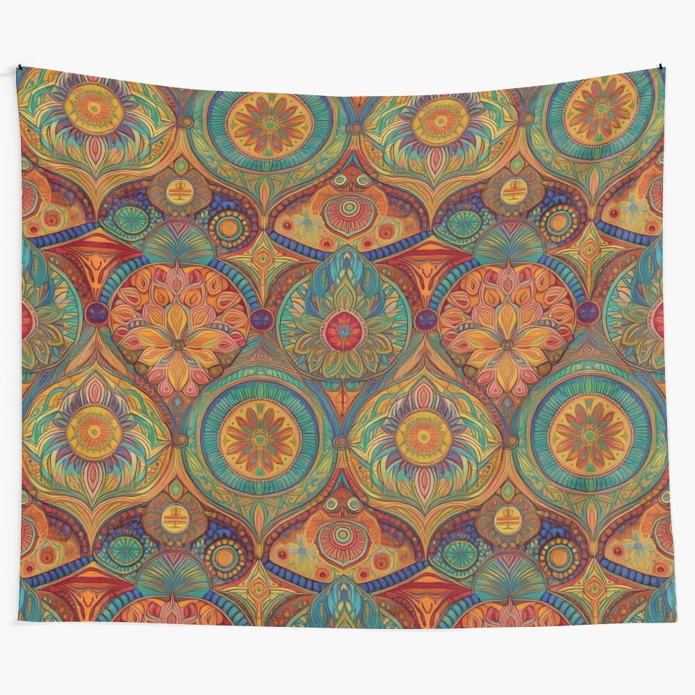 Retro boho tapestry with vibrant floral and geometric patterns