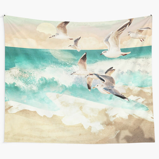 Serene summer flight tapestry featuring a flock of birds over the ocean