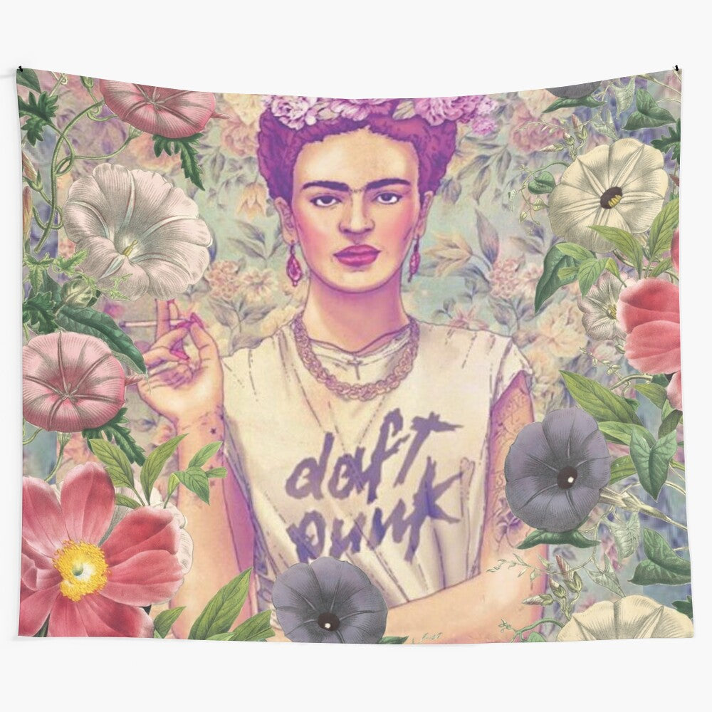 Frida Kahlo-inspired tapestry featuring the iconic Mexican artist's portrait and floral motifs