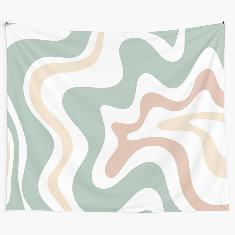 Retro abstract tapestry with swirling, kaleidoscopic design in light sage celadon, blush, and cream