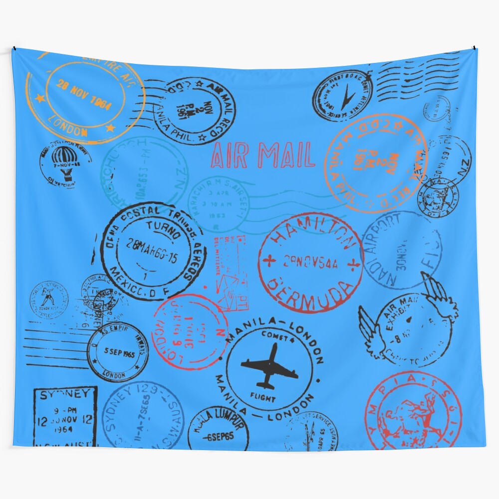 Stamped mail tapestry featuring vibrant imagery of postal service and travel destinations