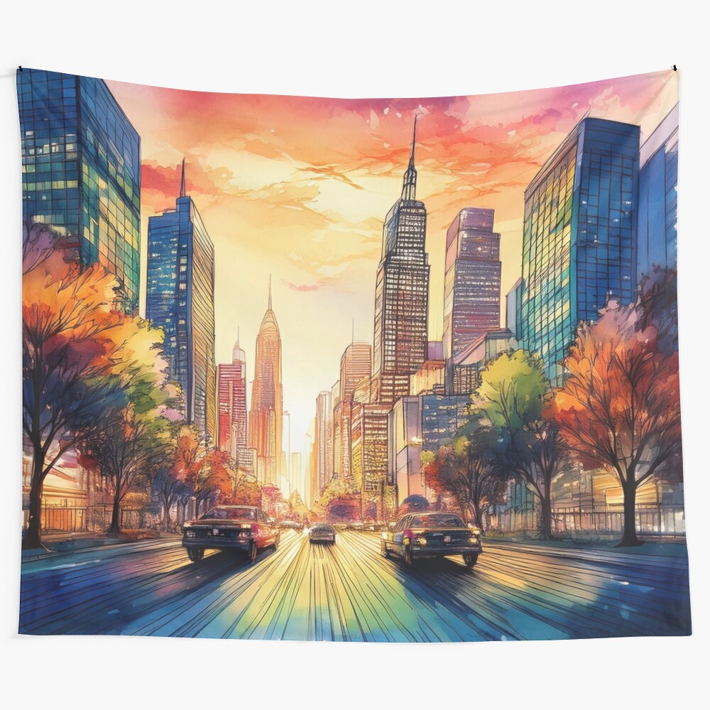 Vibrant cityscape tapestry featuring a modern city skyline at sunset