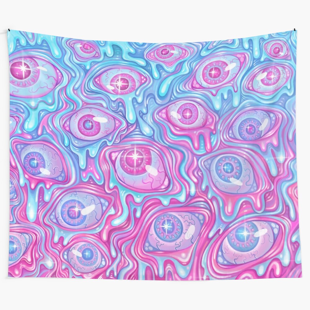 Colorful and mesmerizing tapestry featuring a surreal eyeball pattern