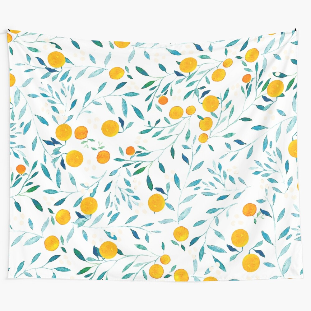 Orange tree floral tapestry with vibrant watercolor pattern