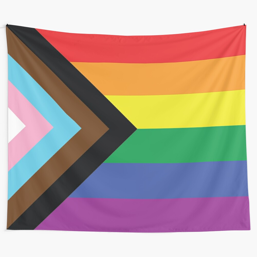 Colorful progress pride flag tapestry with heart symbol