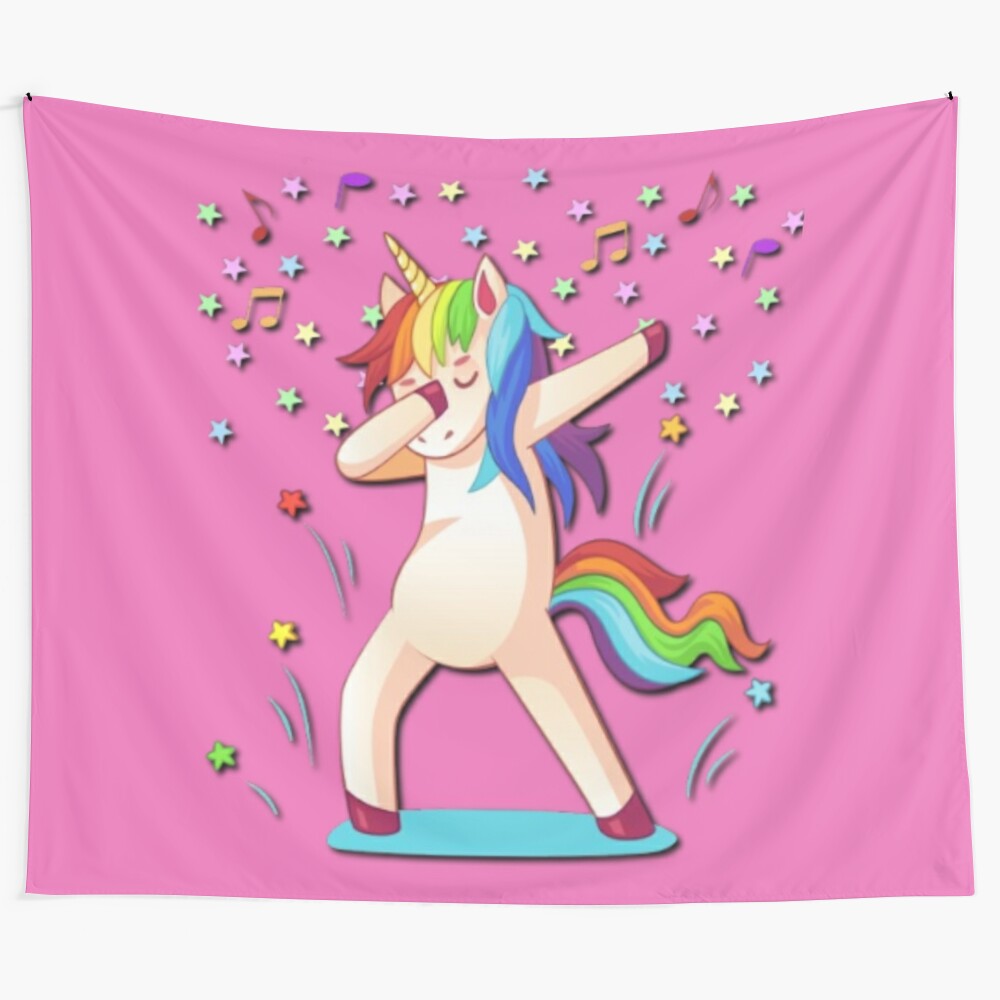 Colorful dancing unicorn tapestry with rainbow, music notes, and stars