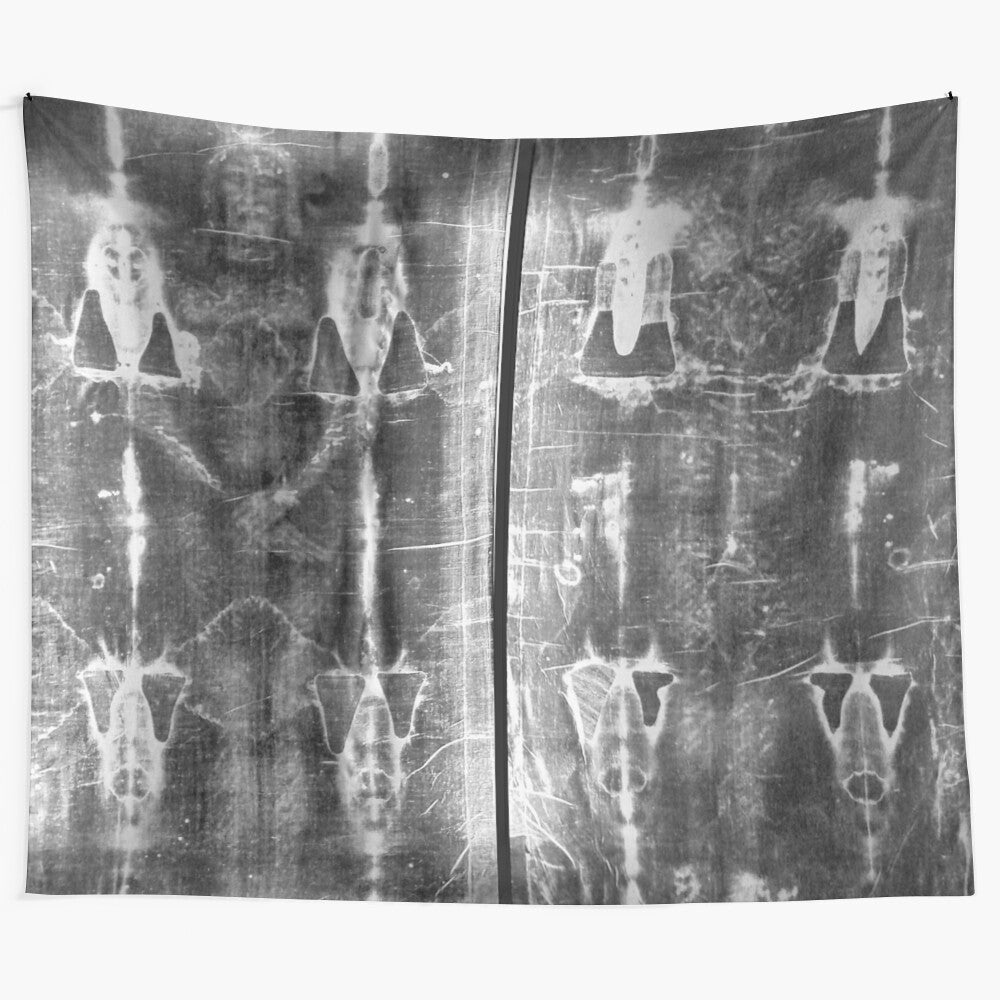 Detailed tapestry depicting the Shroud of Turin, a religious icon associated with the Crucifixion and Resurrection of Jesus Christ.