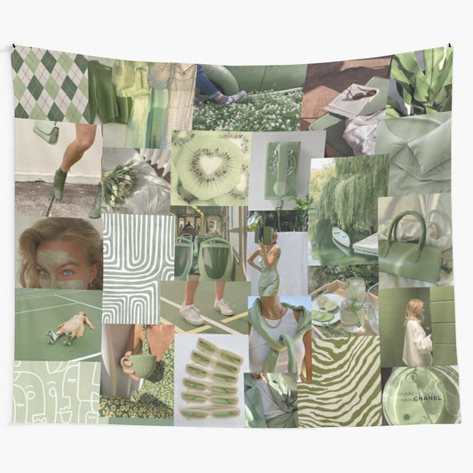 Sage green collage tapestry with artistic elements for home and dorm room decoration