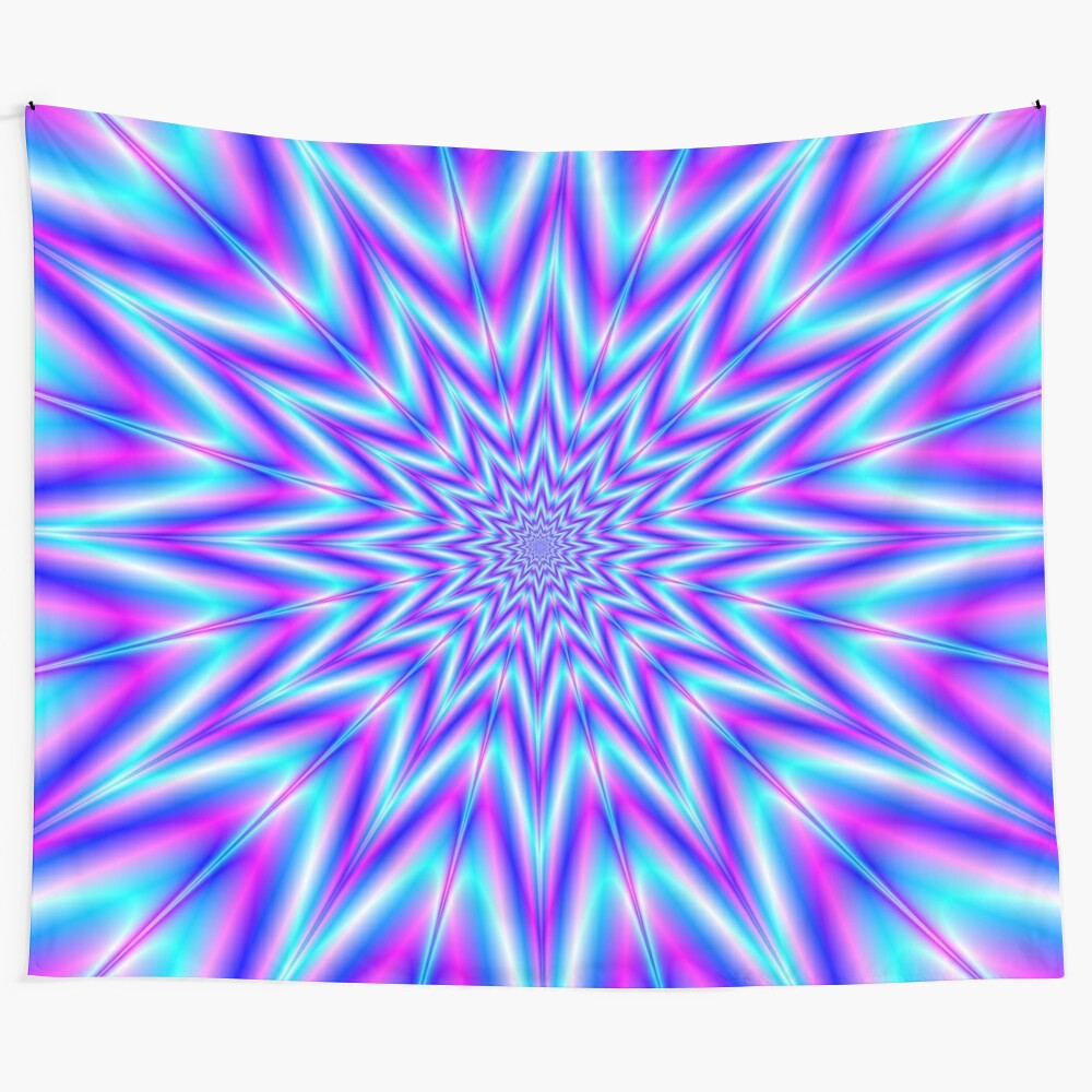 Psychedelic exploding star tapestry with vibrant blue and pink colors