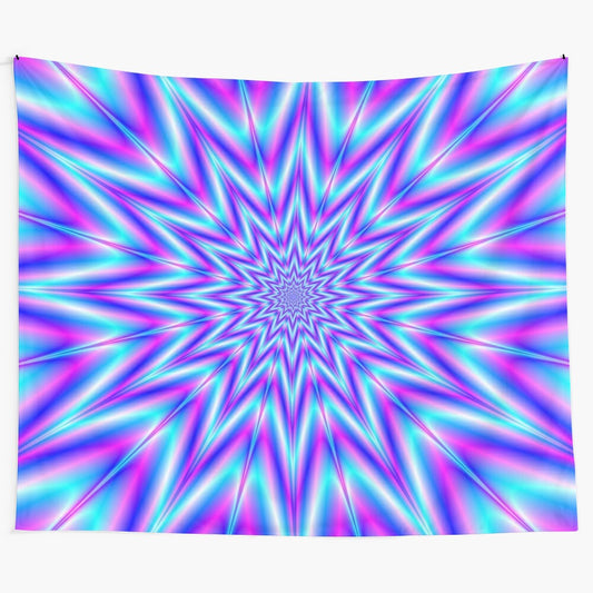 Psychedelic exploding star tapestry with vibrant blue and pink colors