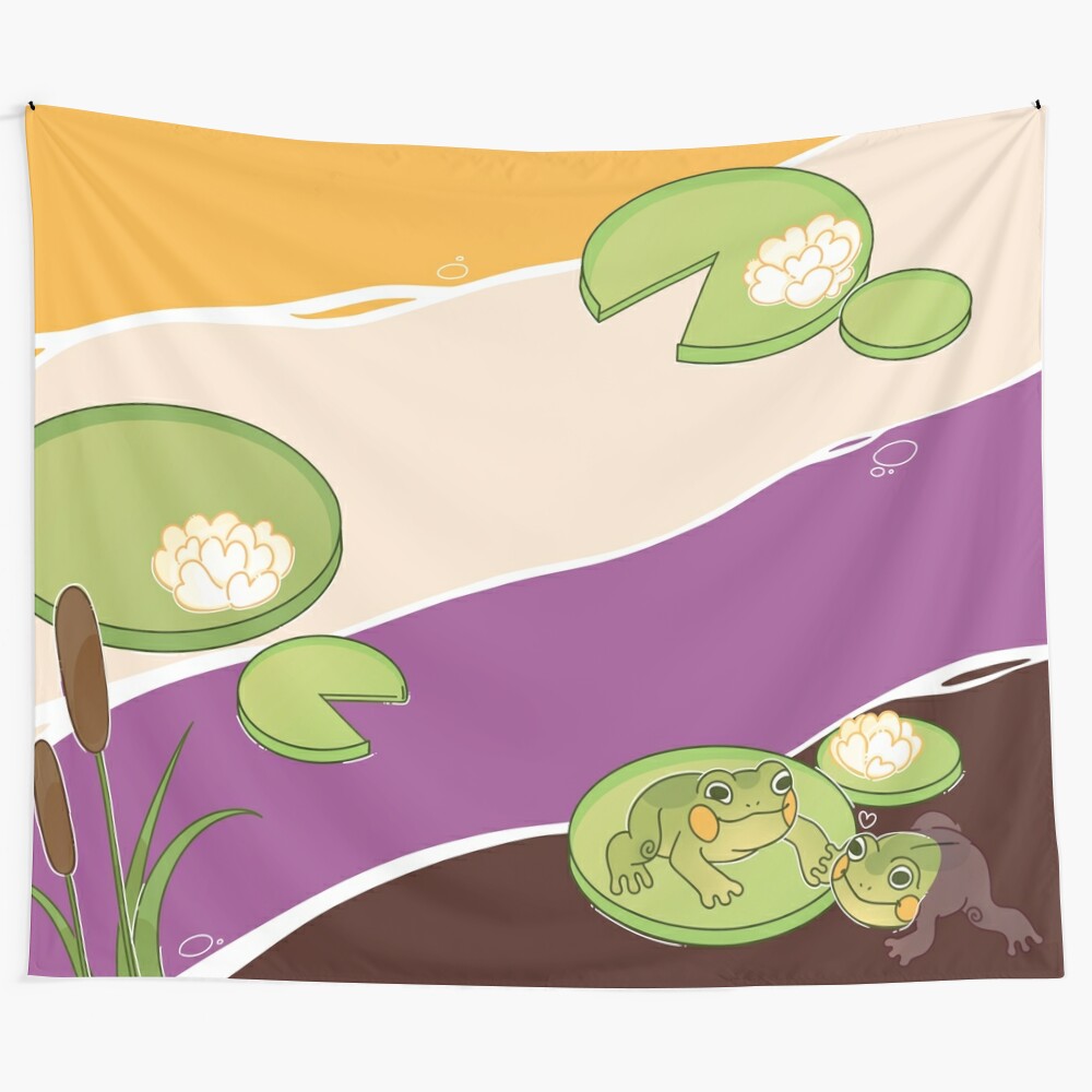 Nonbinary pride frog flag tapestry featuring a cute cartoon frog on a lily pad in a swampy setting