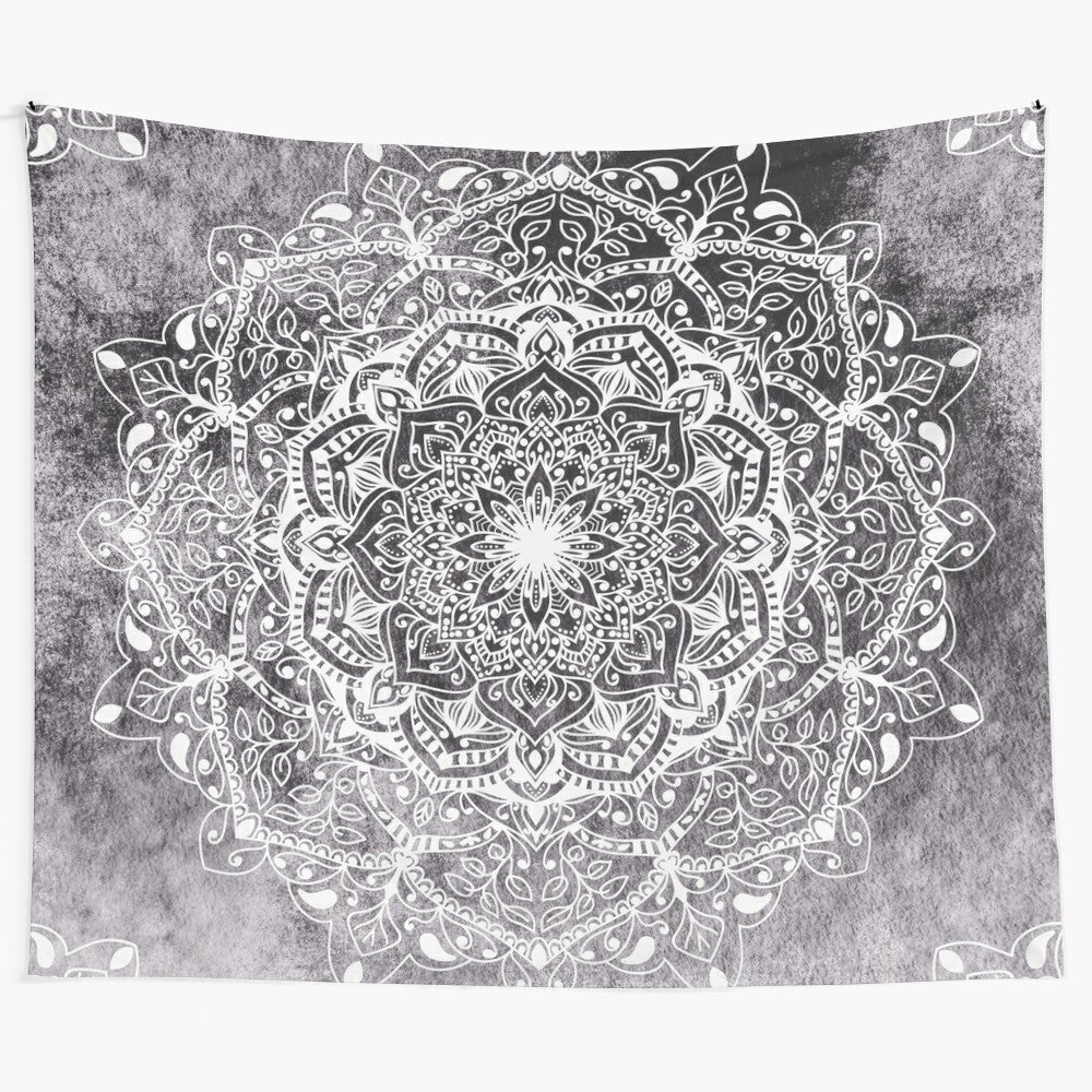 Gray mandala tapestry with nature-inspired geometric design