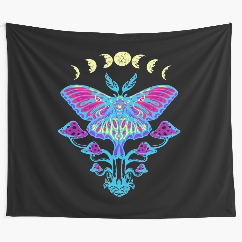 Psychedelic luna moth tapestry with moon and mushrooms