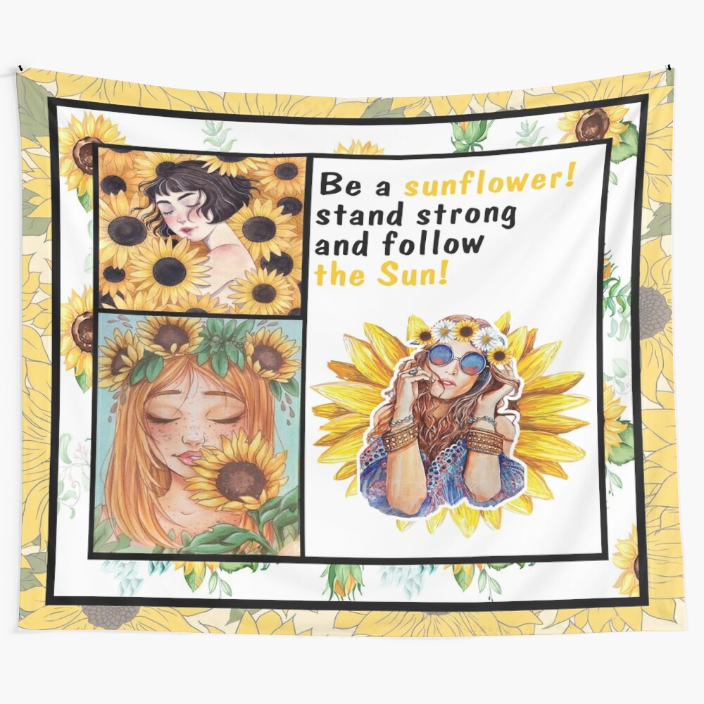 Sunflower girl standing strong and following the sun, sunflower design tapestry