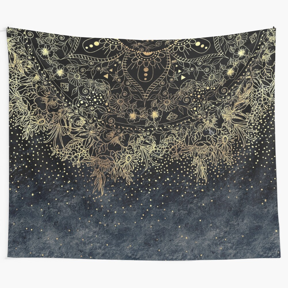 Blue Gold Mandala Floral Tapestry