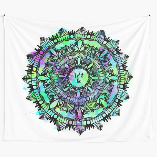 Colorful watercolor mandala tapestry featuring a psychedelic design inspired by the Beatles' song "Let It Be"