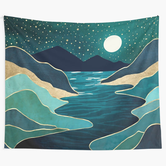 Moon Water Vista Tapestry featuring a serene landscape with a night sky, water, and mountains