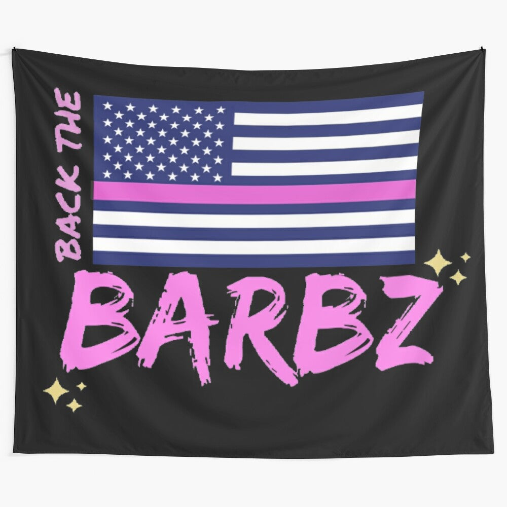 Barbz Nicki Minaj Tapestry with Pink American Flag and Calligraphic Design