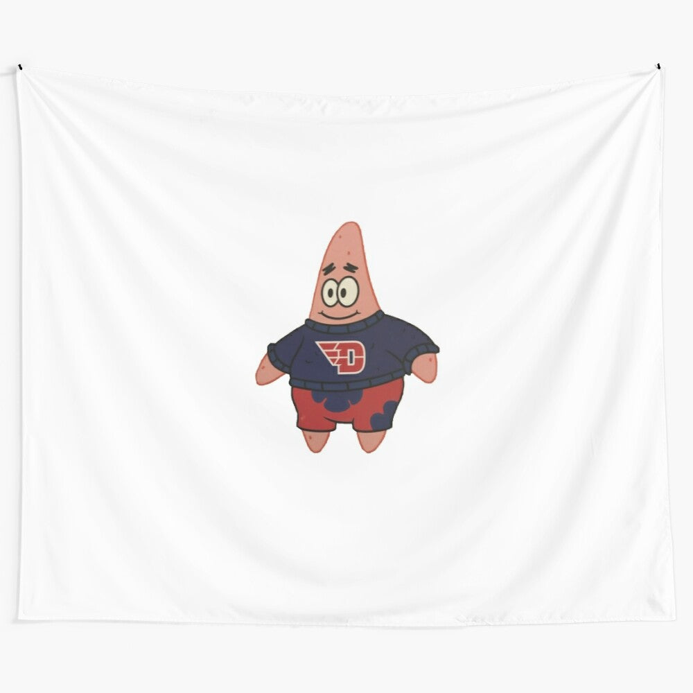 Colorful tapestry depicting Patrick Star wearing a University of Dayton Flyers sweater