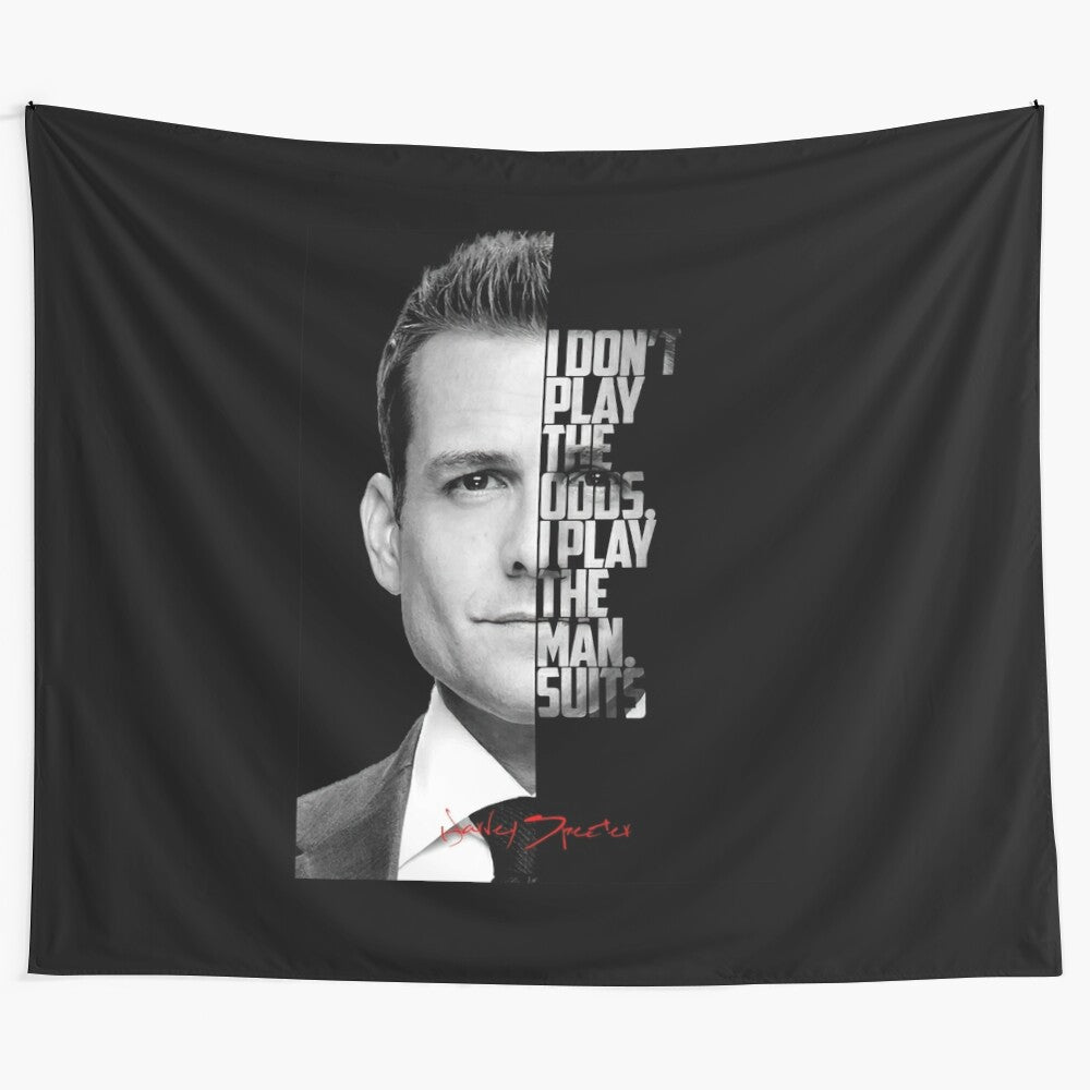 Inspiring black and white tapestry featuring a quote from the character Harvey Specter from the TV show Suits