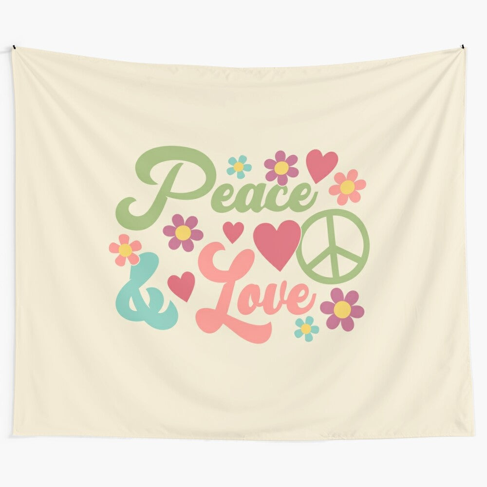 Colorful floral hippie tapestry with peace and love design