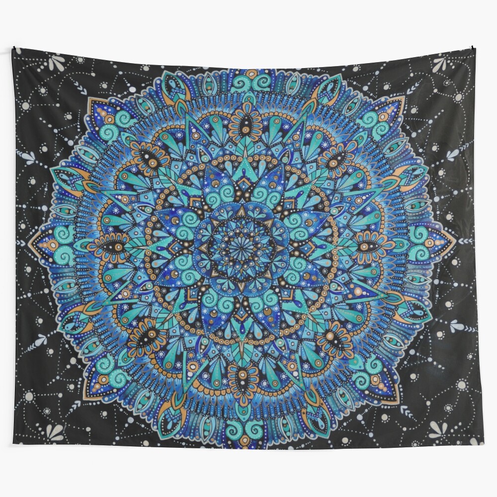 Magical ocean mandala tapestry with vibrant blue and white design