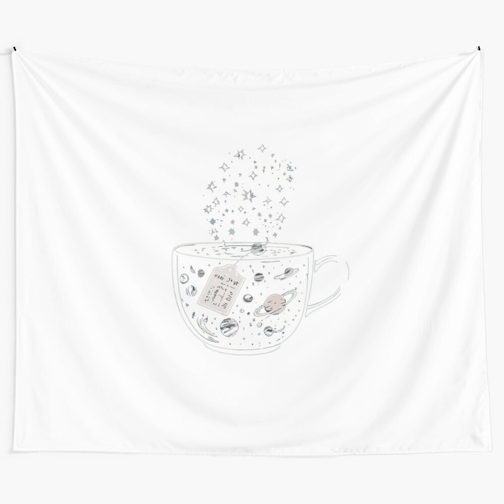 Galaxy tea cosmic elements tapestry featuring stars, planets, and constellations