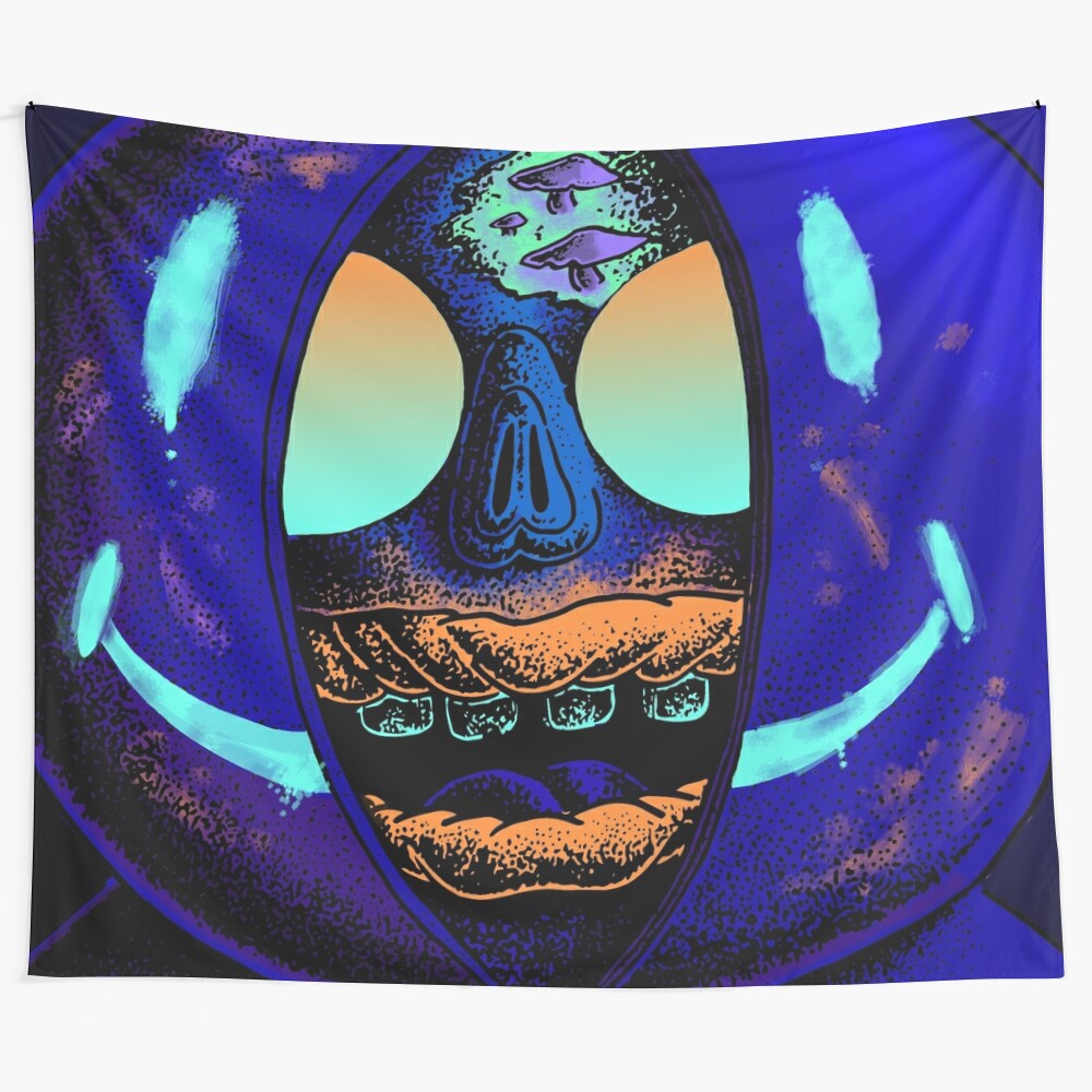 Vibrant blacklight tapestry featuring a surreal, psychedelic design