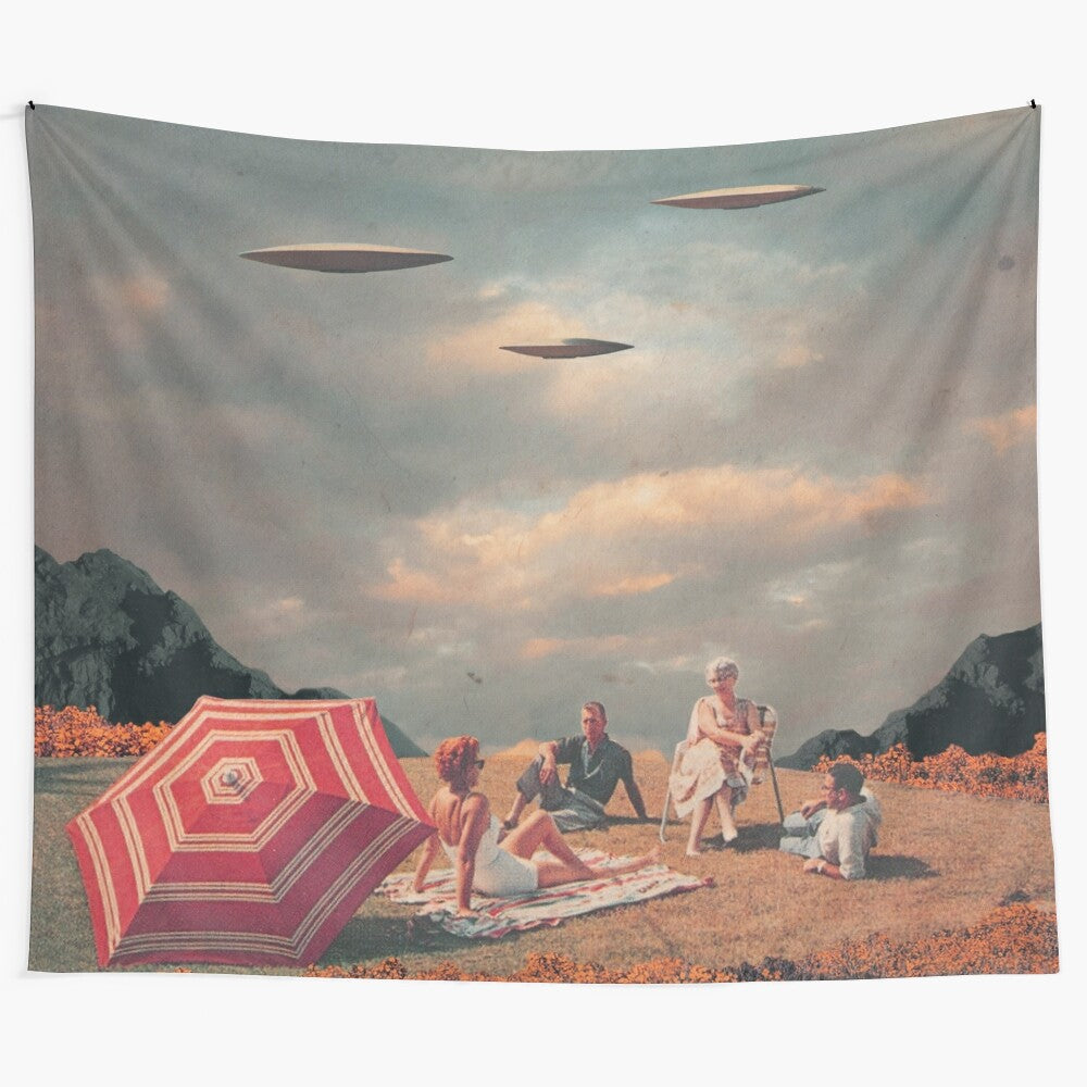 Retro futuristic digital collage tapestry featuring a surreal summer beach scene with a UFO and mountains