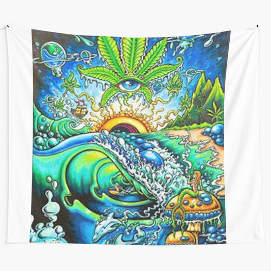 Trippy psychedelic stoner art tapestry featuring abstract cannabis and weed-inspired patterns