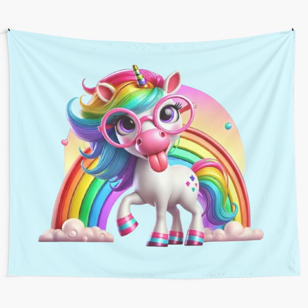 Funny cartoon rainbow unicorn with oversized glasses and tongue out on a tapestry wall hanging