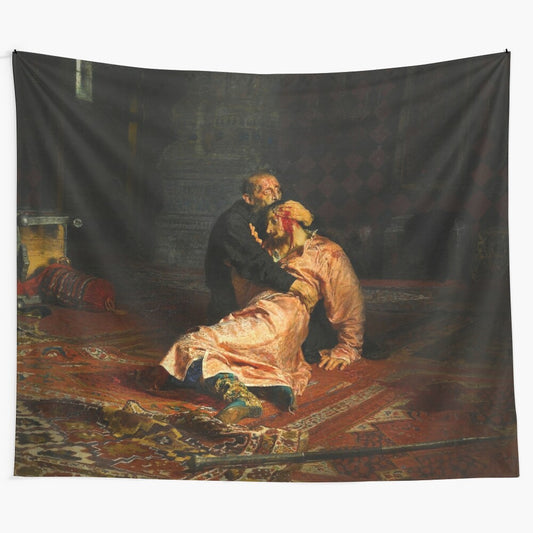 Vivid retro tapestry depicting Ivan the Terrible and his son, inspired by the classical Russian art of Ilya Repin