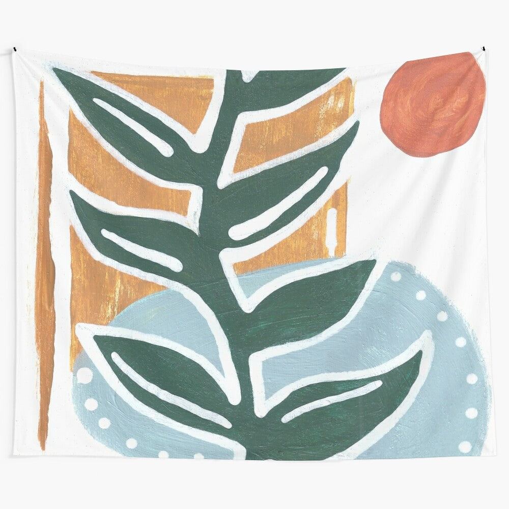 Abstract plant painting tapestry with geometric shapes and botanical elements