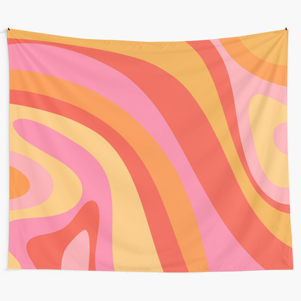 Retro abstract swirl pattern tapestry with pink, orange, and yellow colors