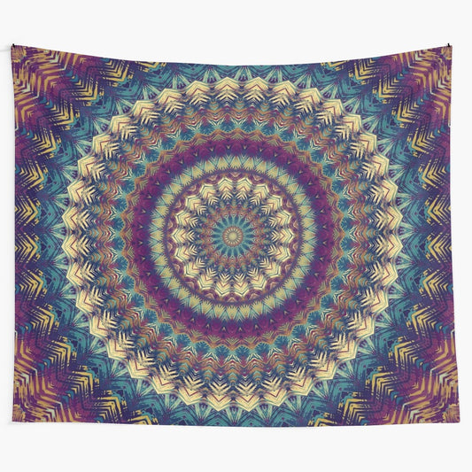 Colorful mandala tapestry with sacred geometry and floral designs