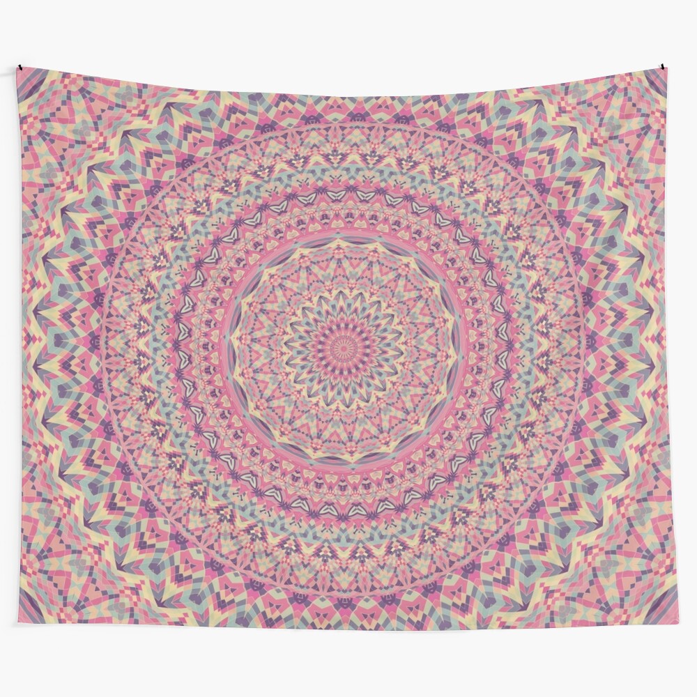 Colorful mandala tapestry artwork with nature-inspired sacred geometry design