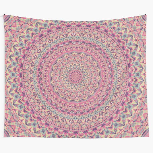 Colorful mandala tapestry artwork with nature-inspired sacred geometry design