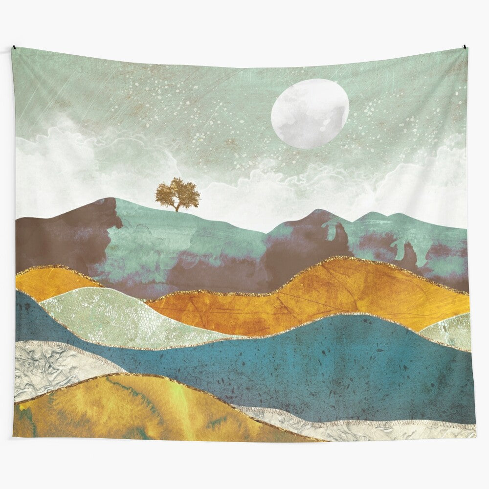 Dreamy night fog tapestry featuring a mystical celestial landscape