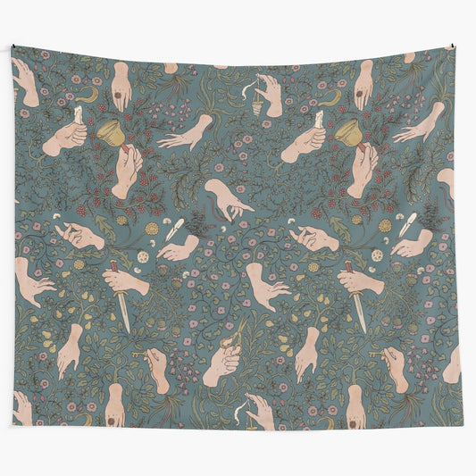 Tapestry with a mystical, spooky design of hands in an enchanted, fairytale-like setting