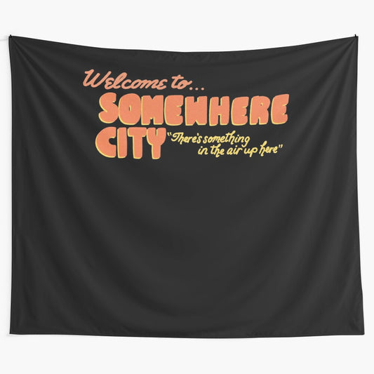 Origami angel tapestry with "Welcome to Somewhere City" design for home decor