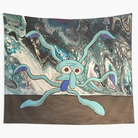 Vibrant and abstract tapestry featuring the character Squidward from the popular cartoon Spongebob Squarepants