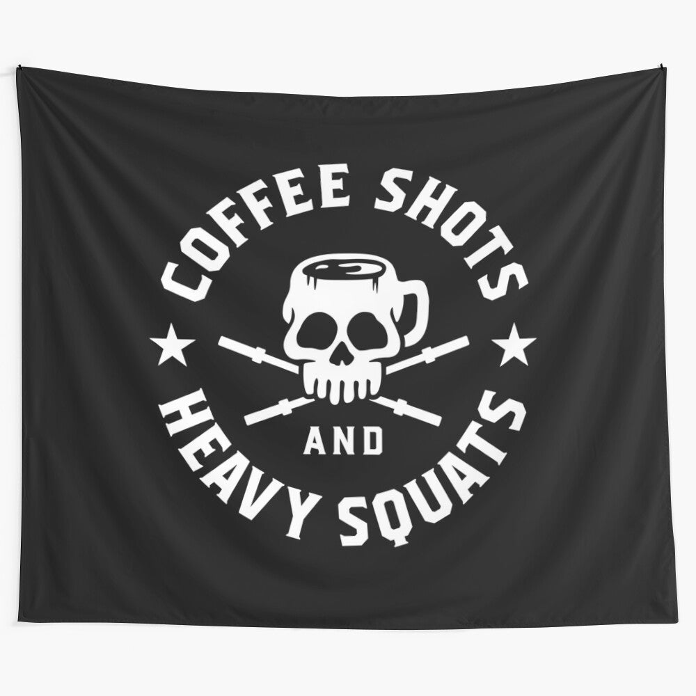 Motivational tapestry featuring coffee and heavy squats design