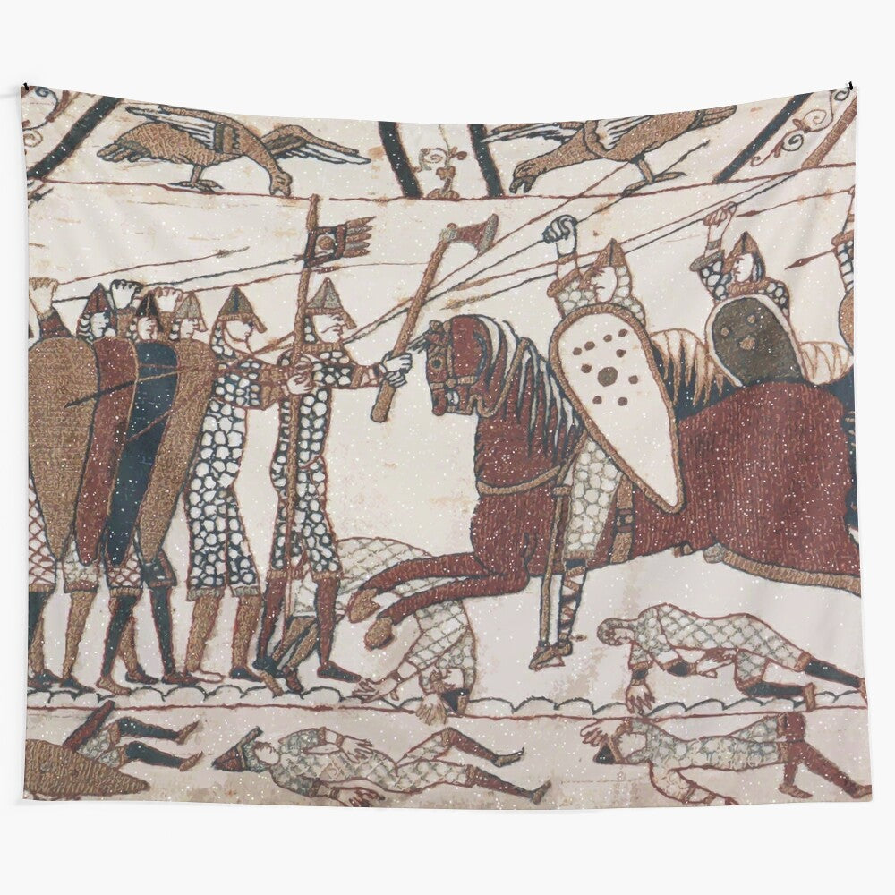 Reproduction of Bayeux Tapestry fragment depicting Norman knights charging at Anglo-Saxon warriors