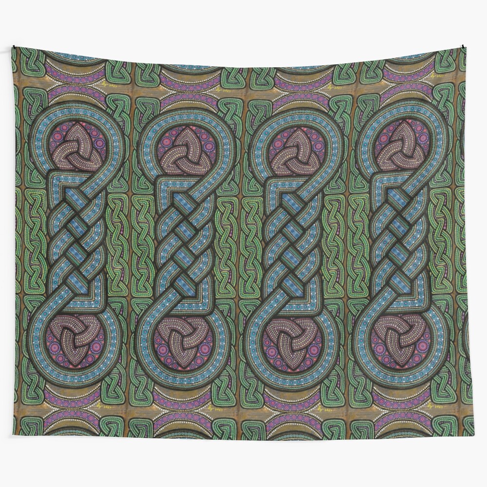 A beautifully handcrafted Celtic knot tapestry, featuring intricate pointillist design in shades of green and brown.