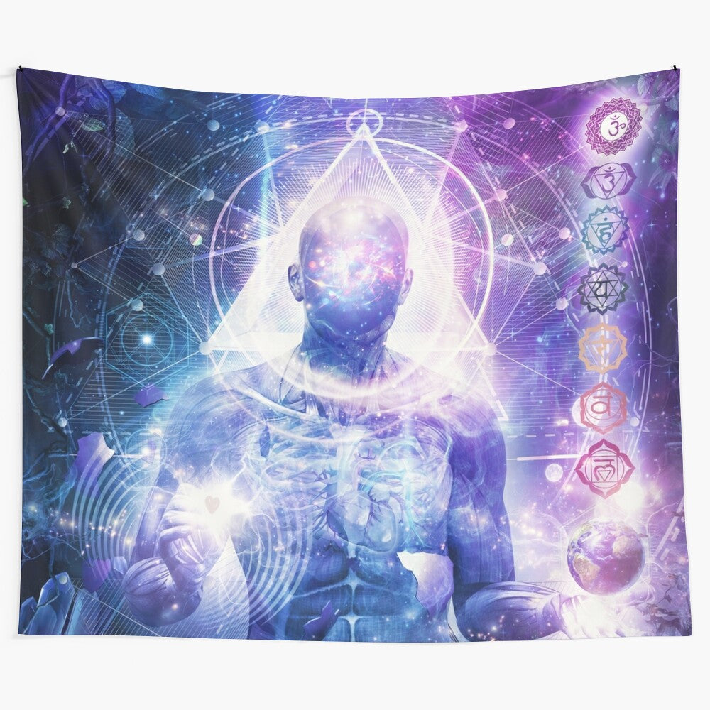 Spiritual tapestry with cosmic scene and sacred geometry design